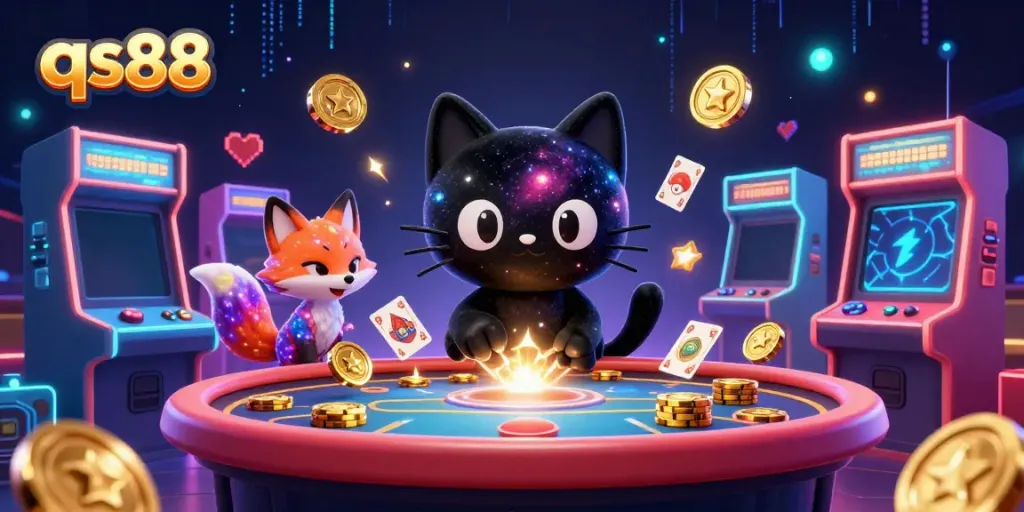 Experience cosmic fun with qs88 as a black hole cat spins golden chips and cards at a gaming table.