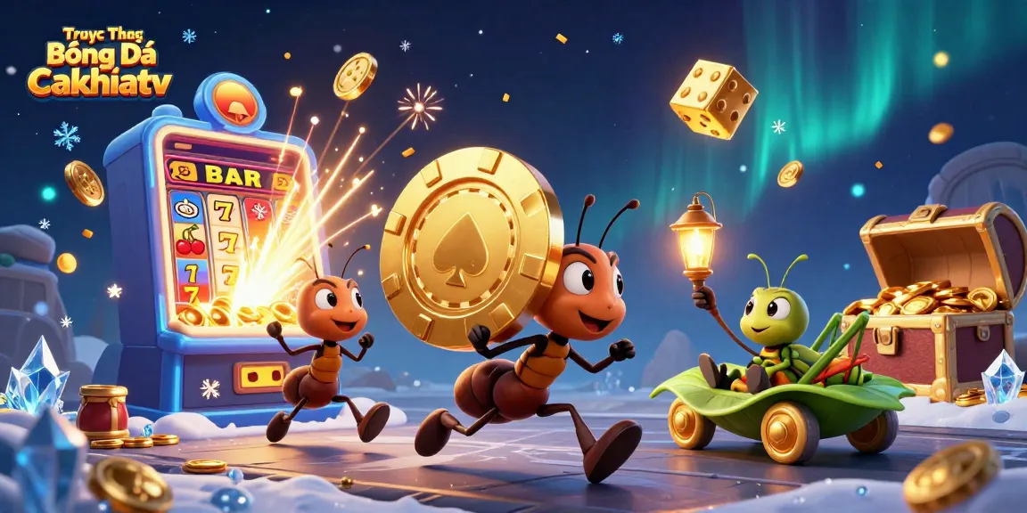 Experience the action of Trực Tiếp Bóng Đá Cakhiatv with lively characters in a casino-themed scene filled with vibrant game elements.