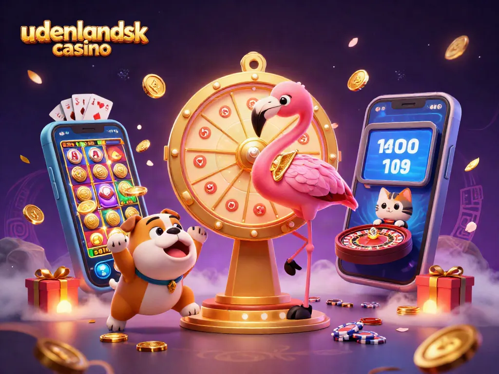 Spin the giant prize wheel at an udenlandsk casino with exciting game show characters and vibrant slot elements.