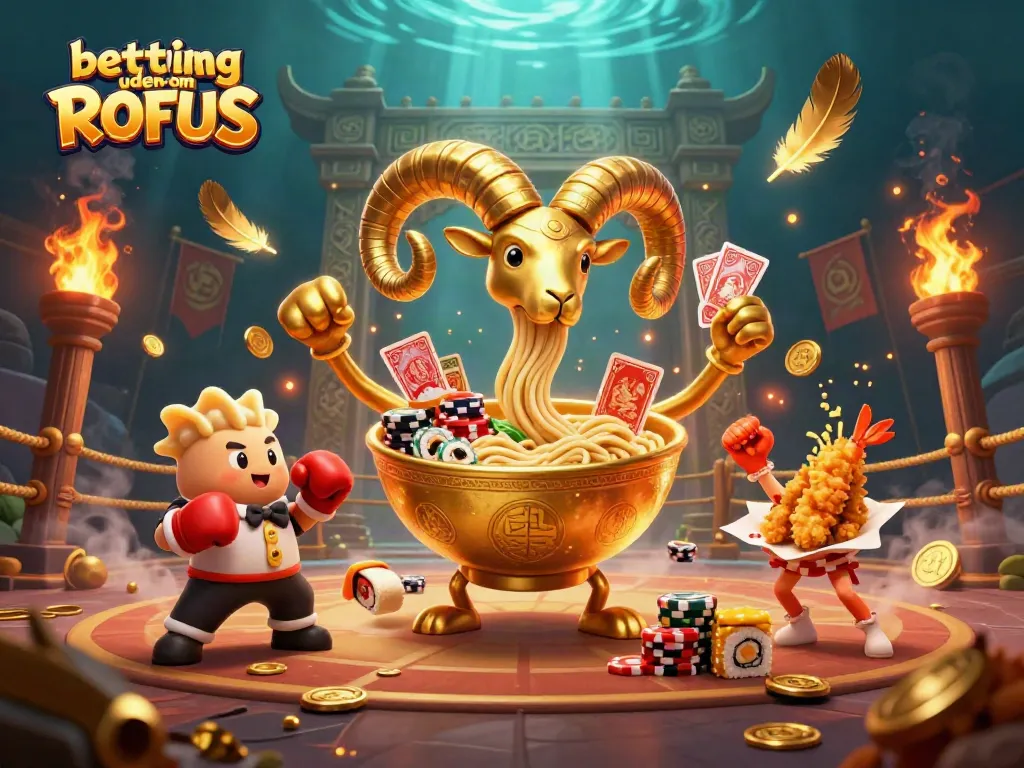 Engage in betting uden om ROFUS with a vibrant casino-themed illustration featuring a golden ramen bowl, betting tokens, and cheerleaders.
