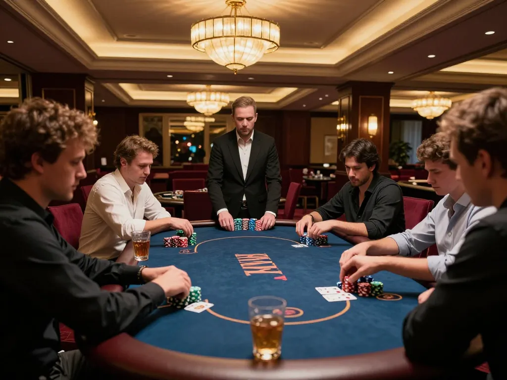 Players engaged in thrilling poker gameplay at a luxurious casino, showcasing strategic betting with yo88 and premium ambiance.