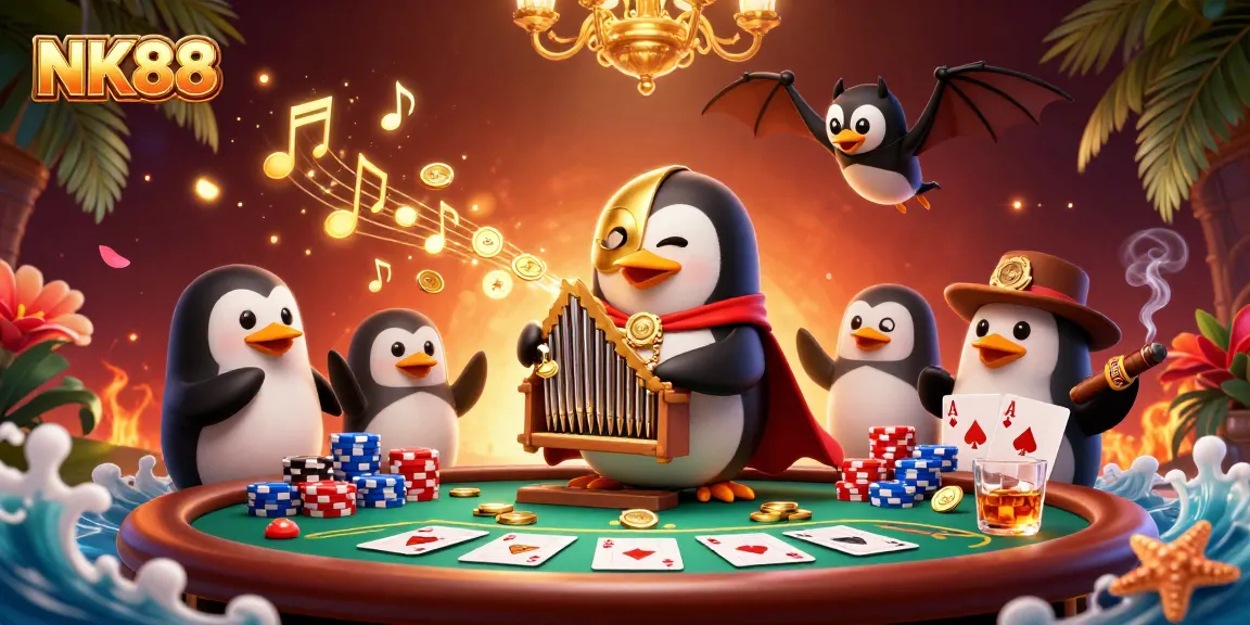 Engaging scene showcasing NK88's vibrant casino atmosphere with a penguin playing an organ amidst poker elements.