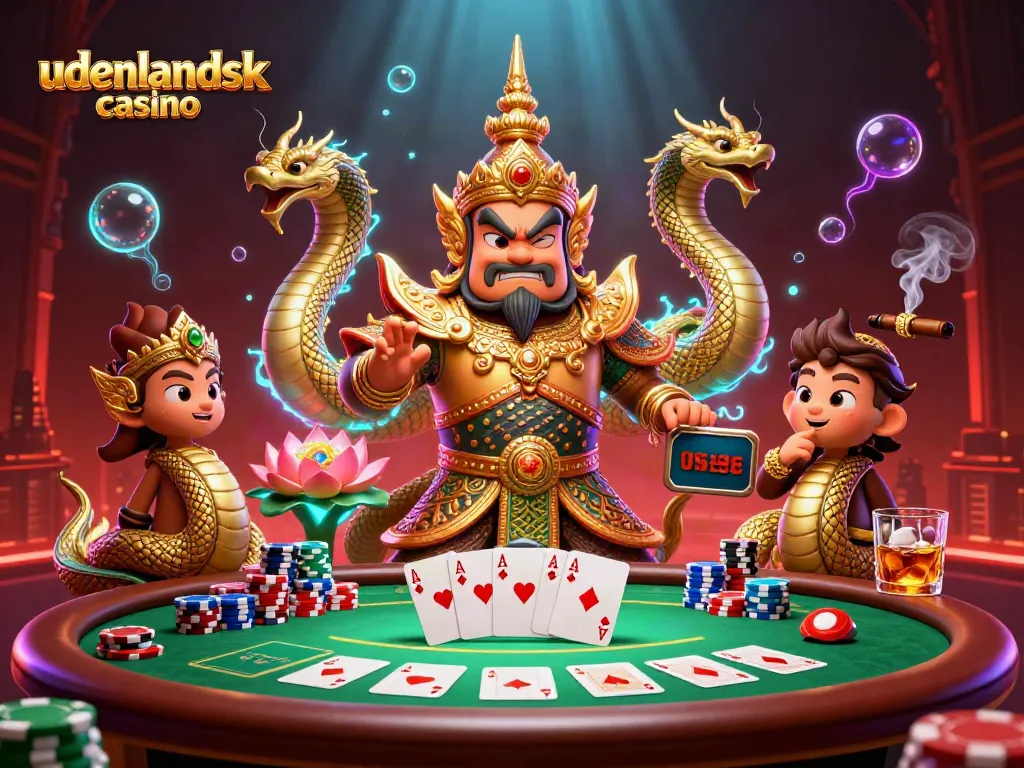 Engage with the vibrant scene of udenlandsk casino, showcasing a Thai guardian and Naga companions at a lively poker table.