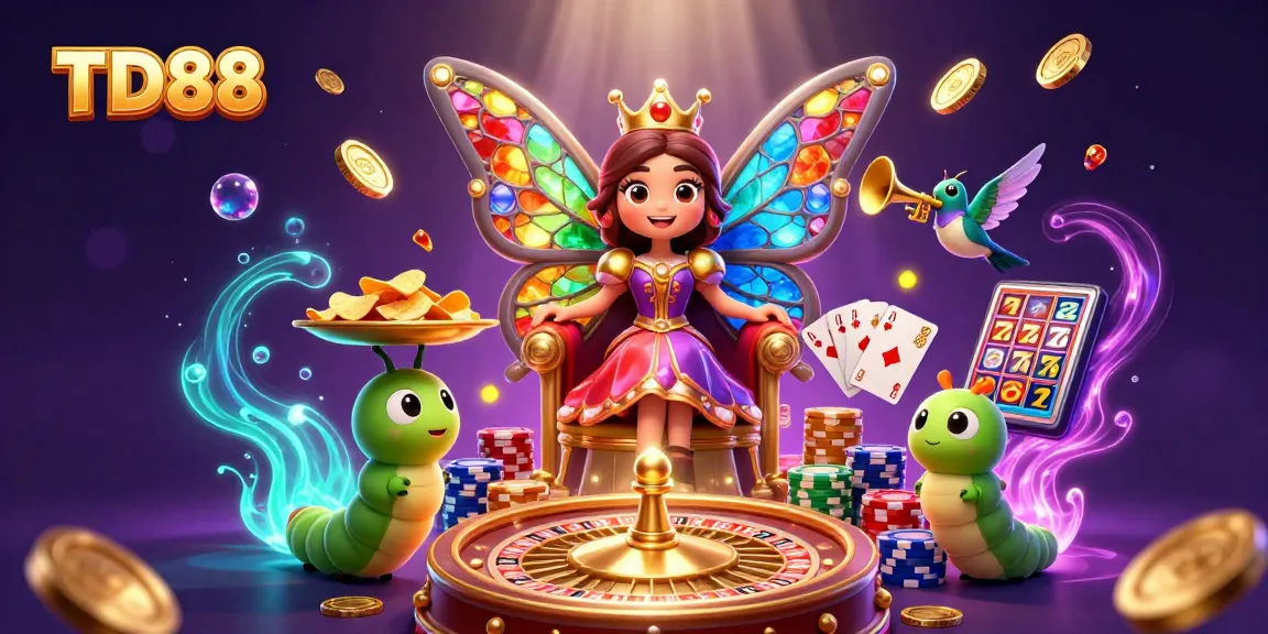 Engage in thrilling gaming at TD88 with a lively butterfly queen, vibrant chips, and dynamic casino elements.