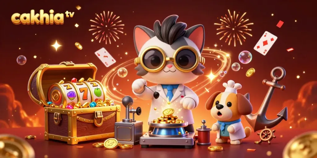 Experience the thrilling action of cakhia tv with vibrant casino-themed digital art featuring a scientist cat and dog.