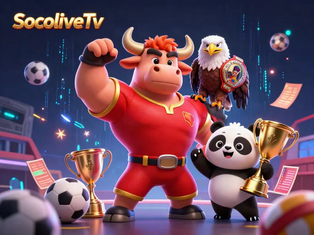 SocoliveTv showcases a victory scene with a bull mascot, eagle champion, and panda trophy celebrating sports betting.