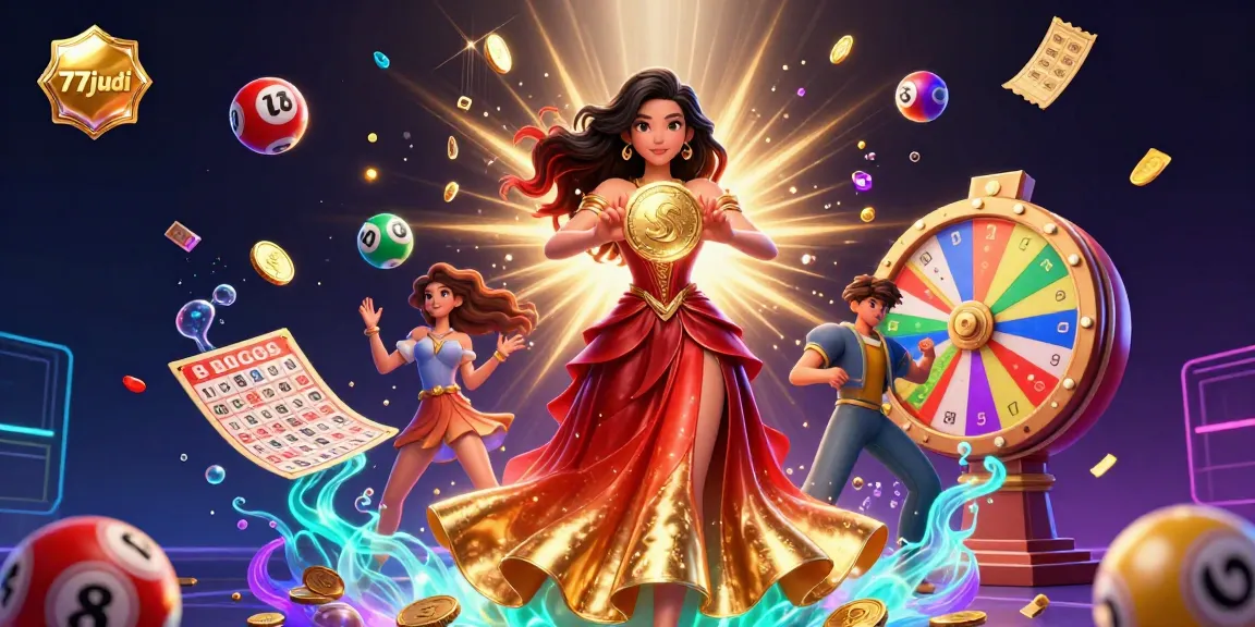 Experience thrilling gameplay with 77judi while winning with a photorealistic Asian woman holding a golden coin in a dynamic casino scene.