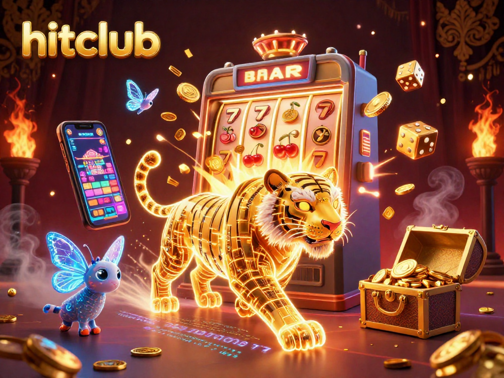 Experience the thrill of hitclub with golden tiger and vibrant casino elements in this dynamic digital illustration.