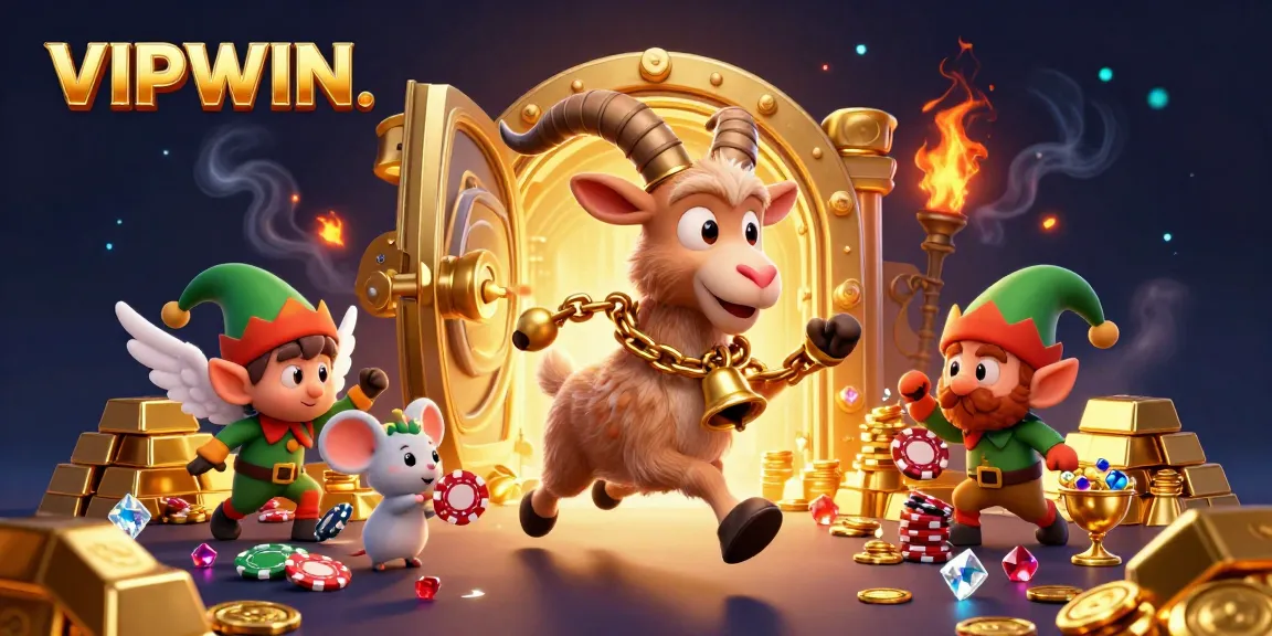 Engage with VIPWIN in a lively casino realm featuring animated characters and exciting elements.