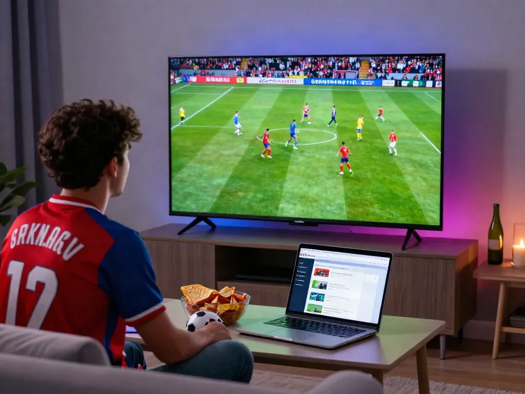 Fan enjoying a live football match on GangvangTV, surrounded by snacks and a laptop.