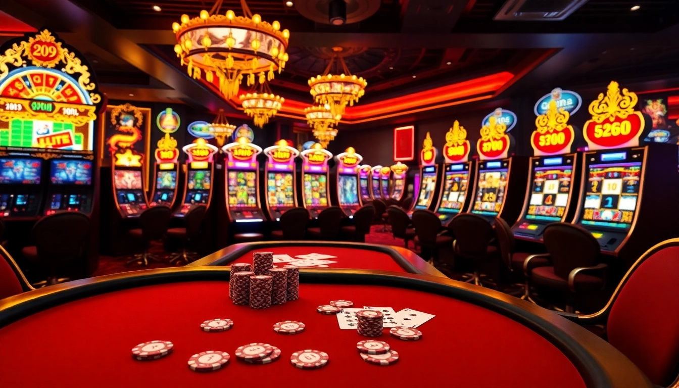 Naga99 players winning at a luxurious casino table featuring vibrant slot machines.