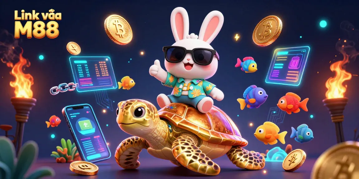 Bet on Link vào M88 with a lucky rabbit and golden turtle illustration surrounded by crypto elements.