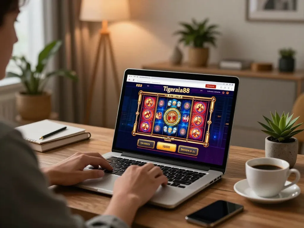 Engaging with the tigerasia88 site through an online casino interface in a cozy home setting.