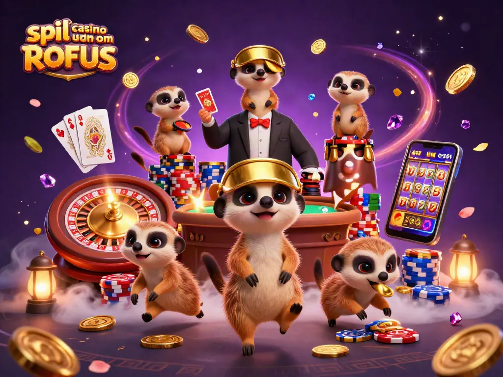 Experience thrilling moments at spil casino uden om ROFUS with lively meerkats managing a vibrant casino scene.