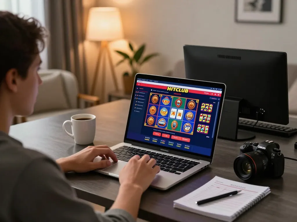 Engaging with HITCLUB gaming interface on a cozy desk for an immersive online casino experience.