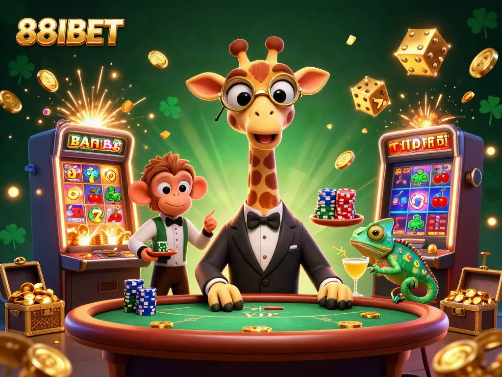 Experience the excitement at 88IBET with a high-roller giraffe in a lavish poker scene.