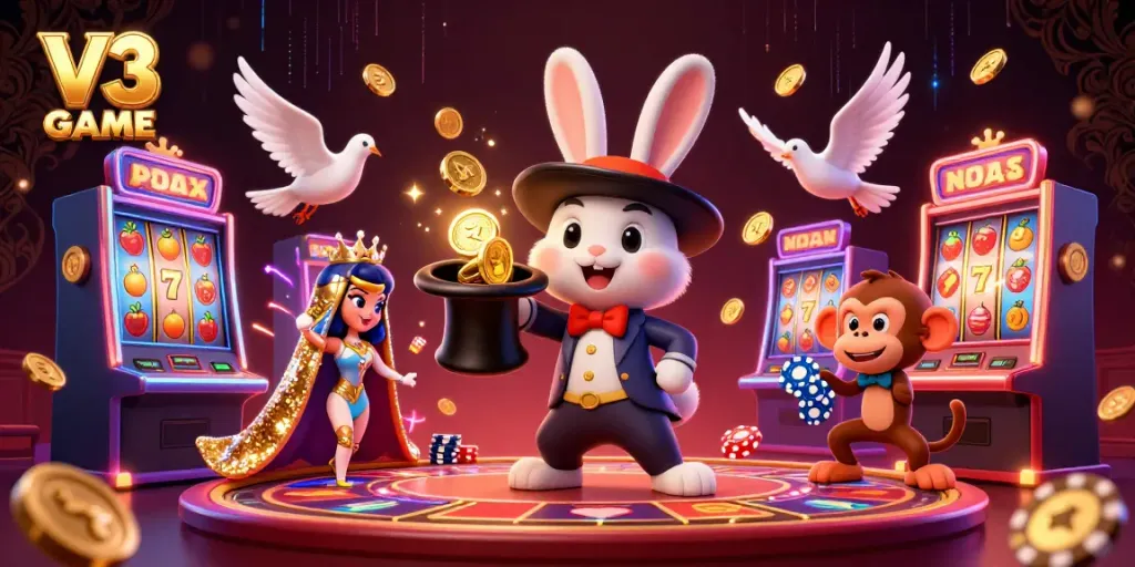 Experience the thrill of V3 GAME with a magician rabbit and casino excitement.