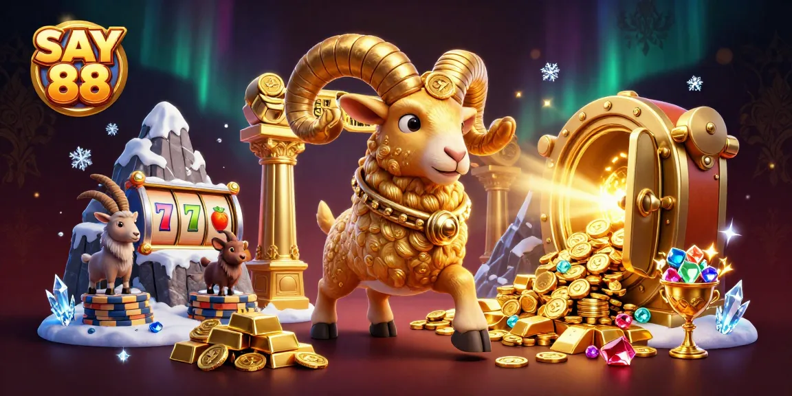 SAY 88 showcases a golden ram charging through a vibrant casino scene filled with slot reels and treasures.