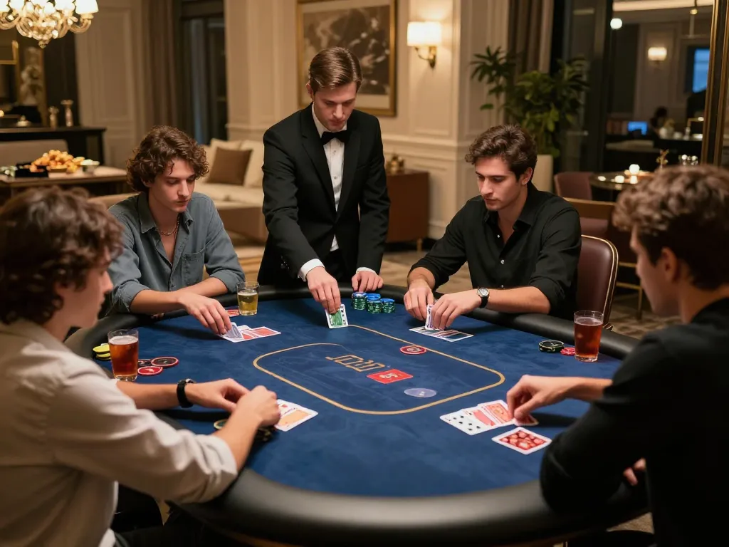 RR88 poker players engaging in a strategic game, showcasing excitement and interaction in a luxurious setting