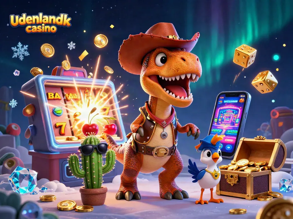Experience the excitement of udenlandsk casino with a vibrant 3D digital illustration featuring dynamic characters and gaming elements.