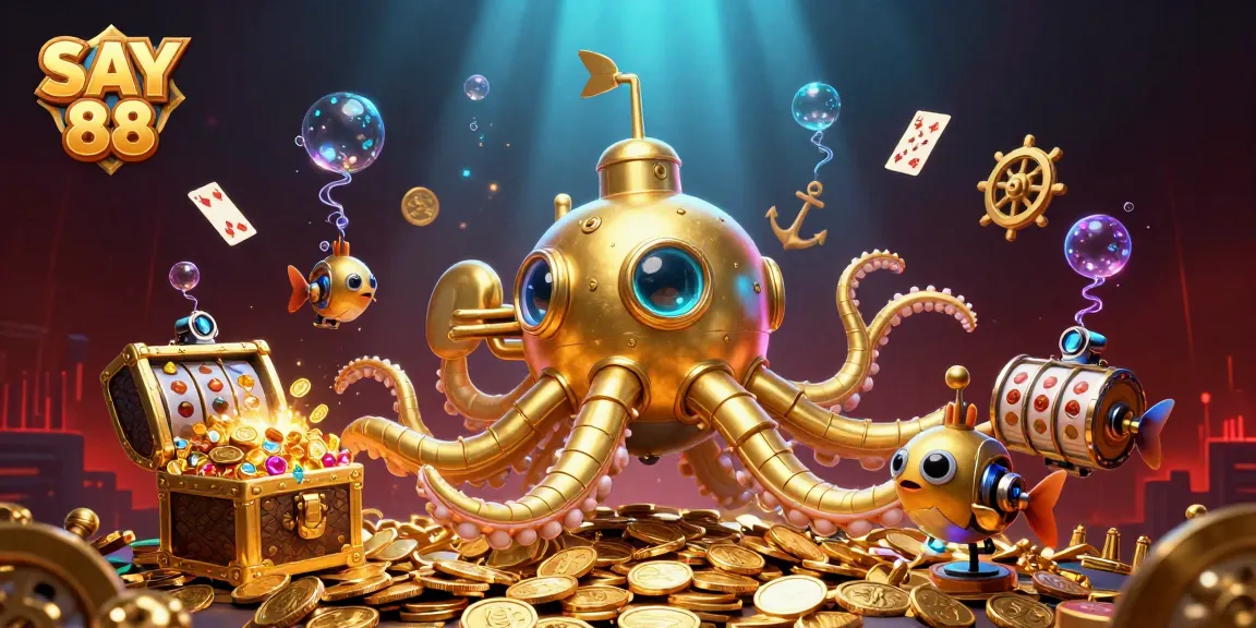 Engage with thrilling slot games at SAY 88, amidst golden kraken and vibrant treasures.