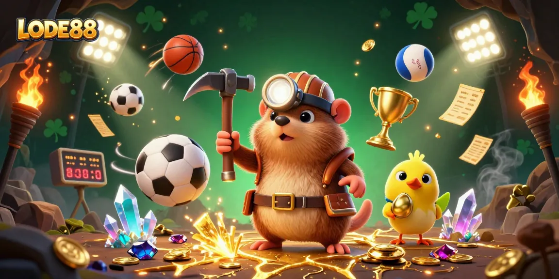 Win big with LODE88 in a vibrant, action-packed online betting scene featuring dynamic sports elements.