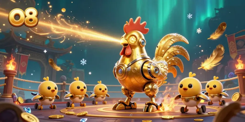 Bet big with O8's lively retro-futuristic casino scene featuring a golden rooster and chick drones.
