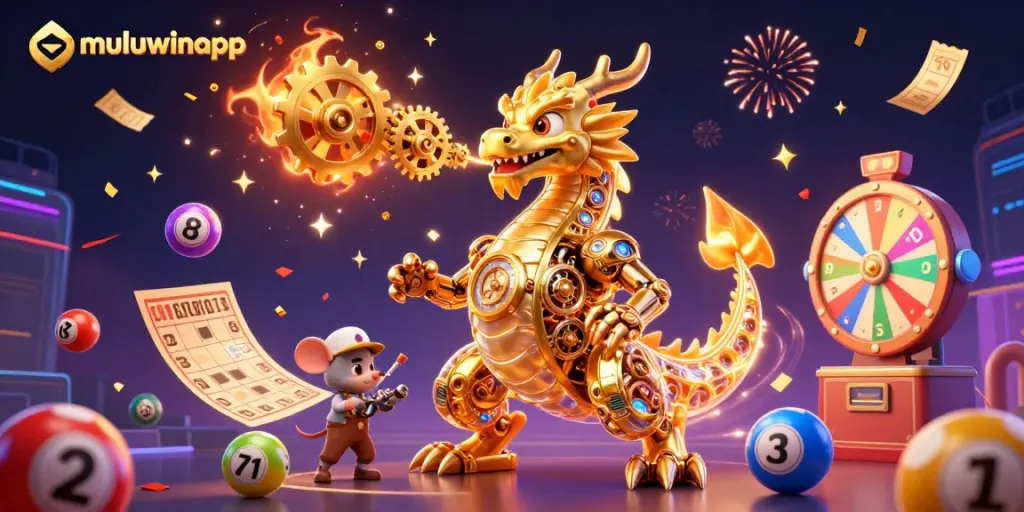 Engage in thrilling gaming experiences with muluwinapp, featuring a golden dragon surrounded by vibrant lottery elements.