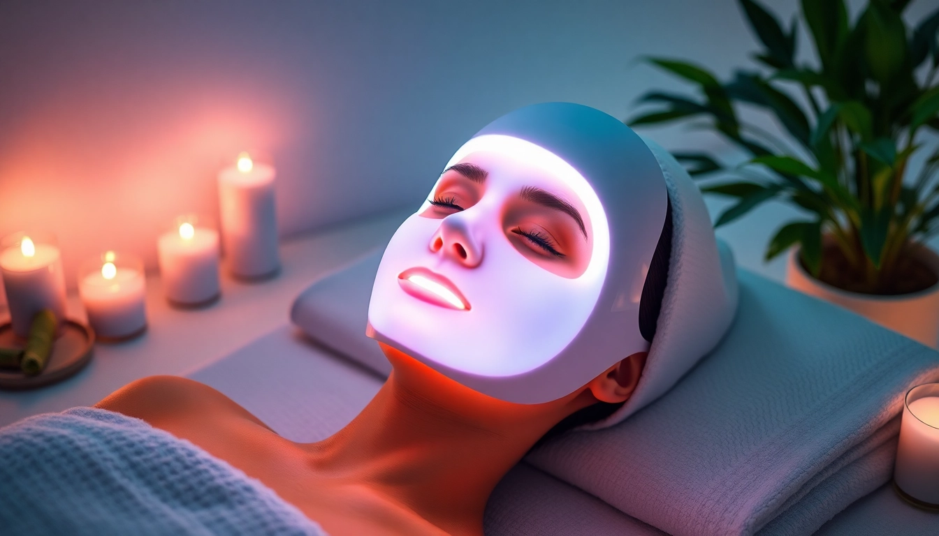 LED ansiktsmask providing rejuvenation in a serene spa setting.
