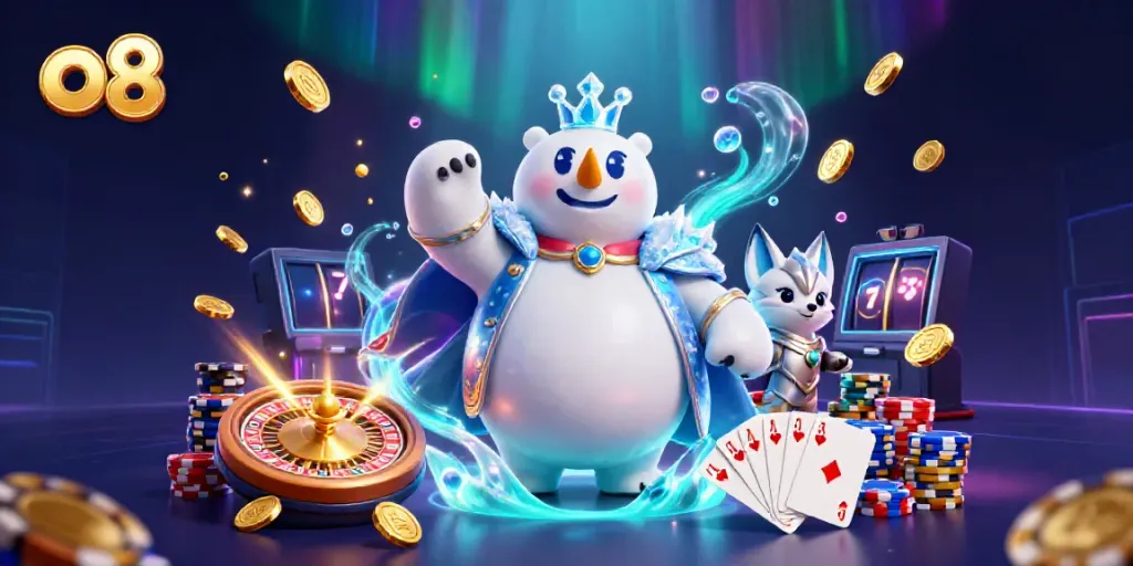 Experience thrilling gaming at O8 with a 3D depiction of an ice king polar bear and snow fox amidst casino elements.