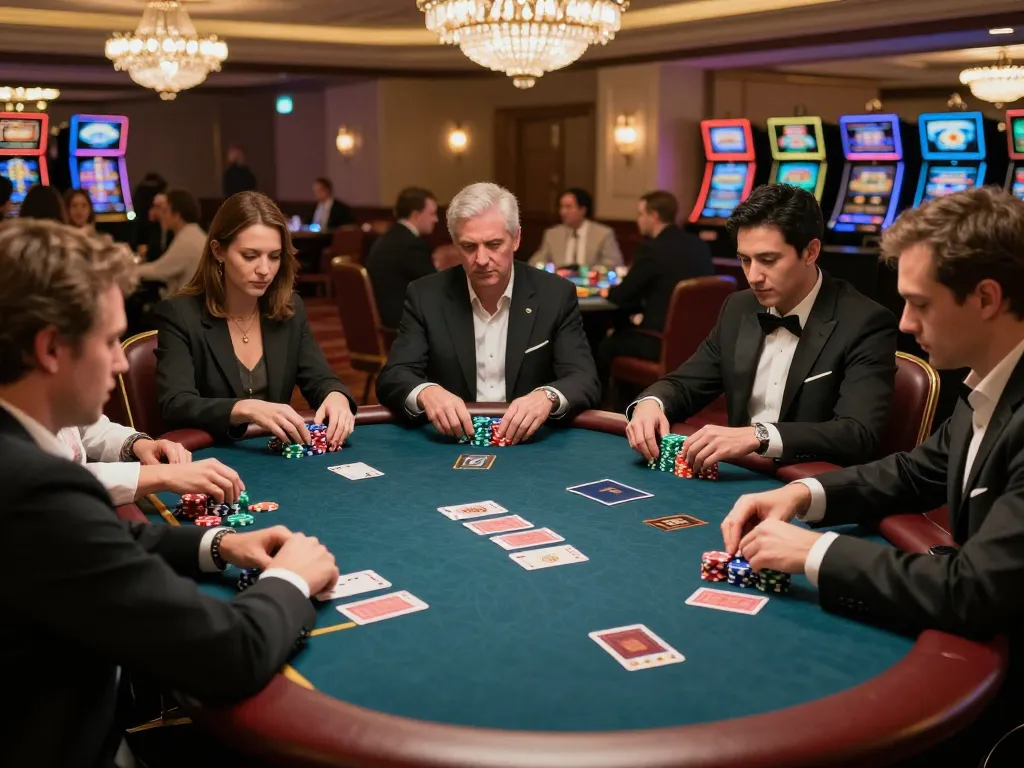 Engaged players at hit-club poker table in upscale casino, vibrant atmosphere with colorful chips and intense focus.