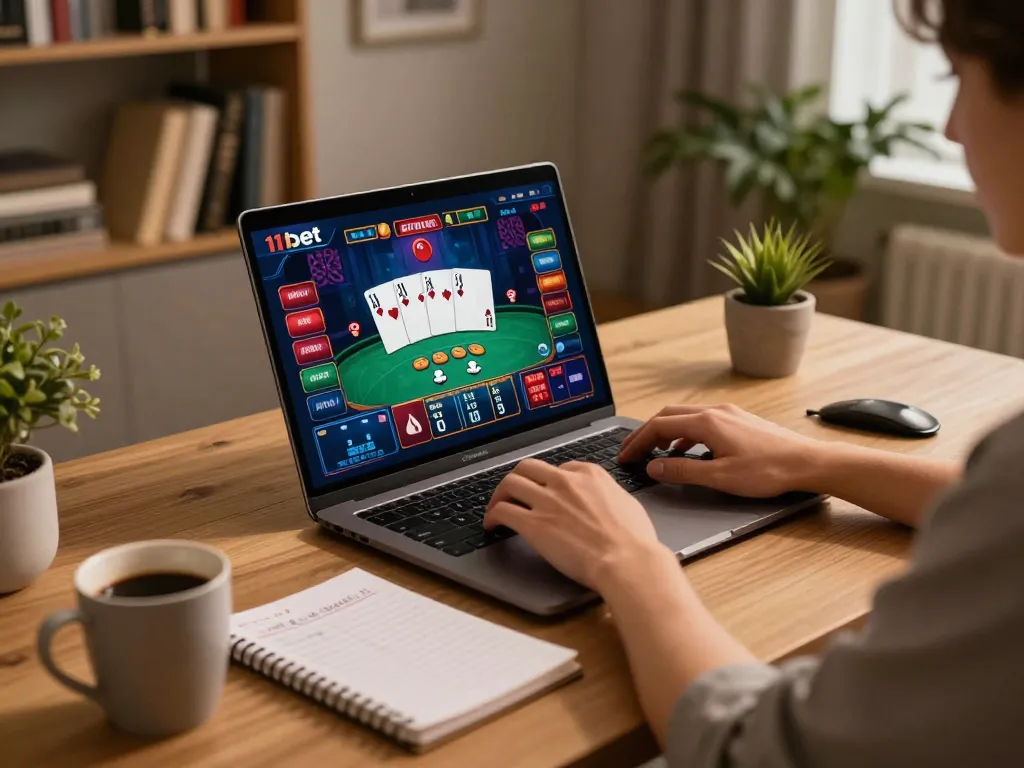 Engaging player enjoying an exciting 11bet game on a sleek laptop in a cozy home office.