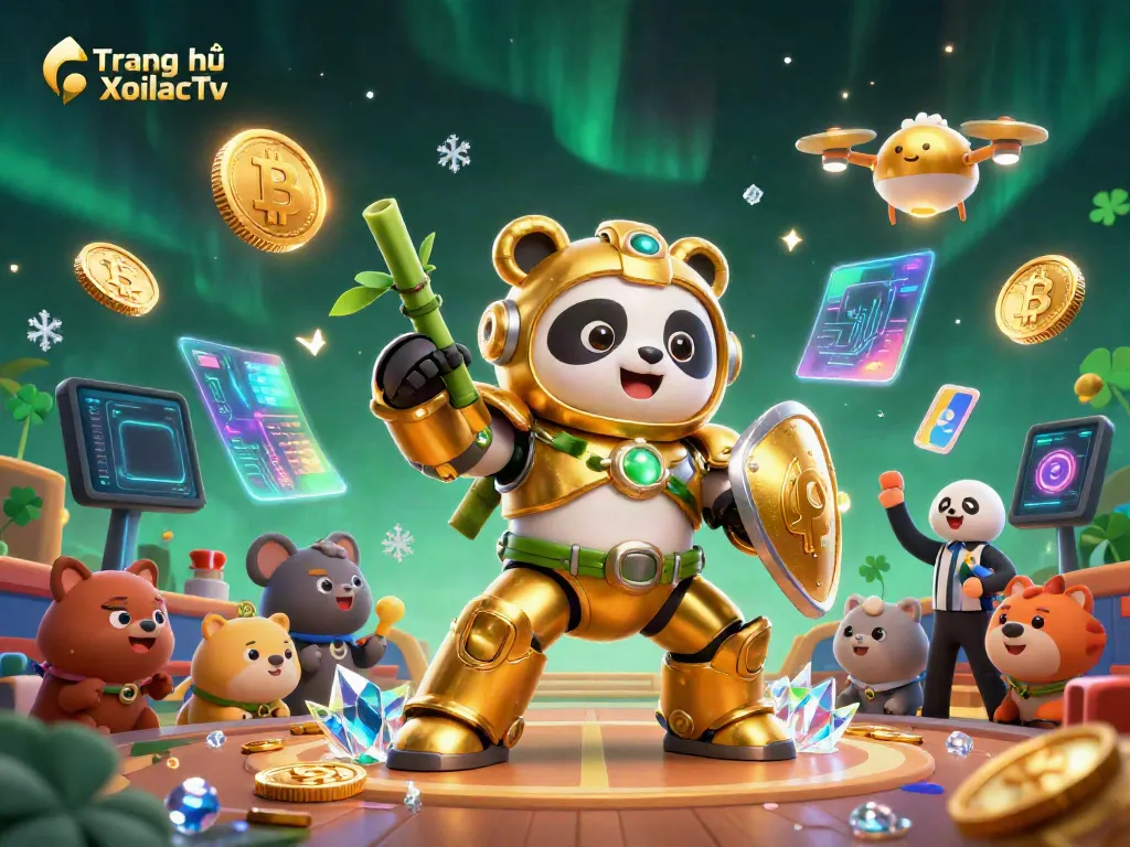 Experience the excitement of Trang chủ XoilacTv with a vibrant 3D illustration showcasing a panda and robot in a dynamic gaming arena.