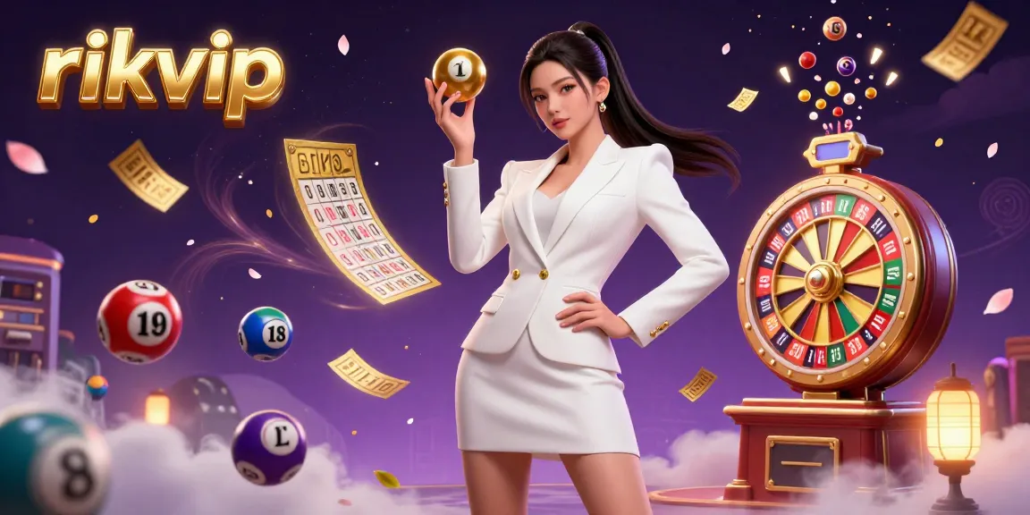 Engage with rikvip's vibrant casino experience featuring a stunning Asian woman holding a roulette ball amidst dynamic lottery elements.