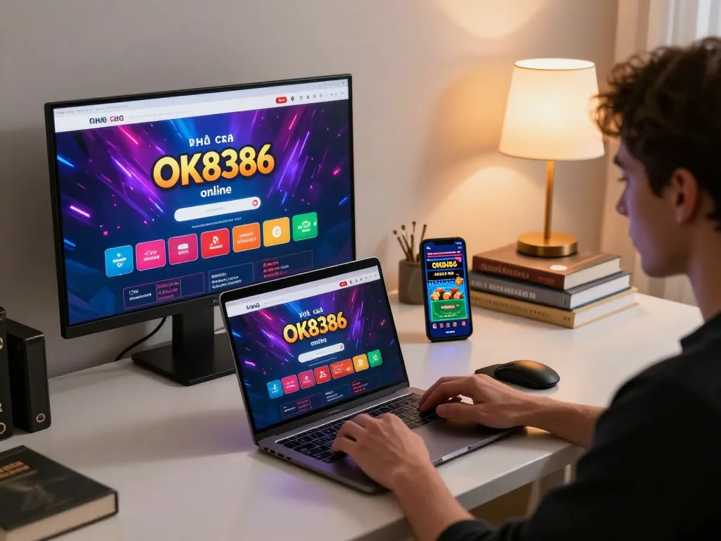 Engaging online session on nhà cái OK8386 with a laptop showcasing vibrant game selections