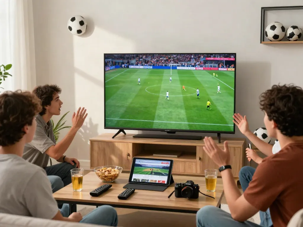 Friends enjoying a football match on gà vàngtv in a lively living room.