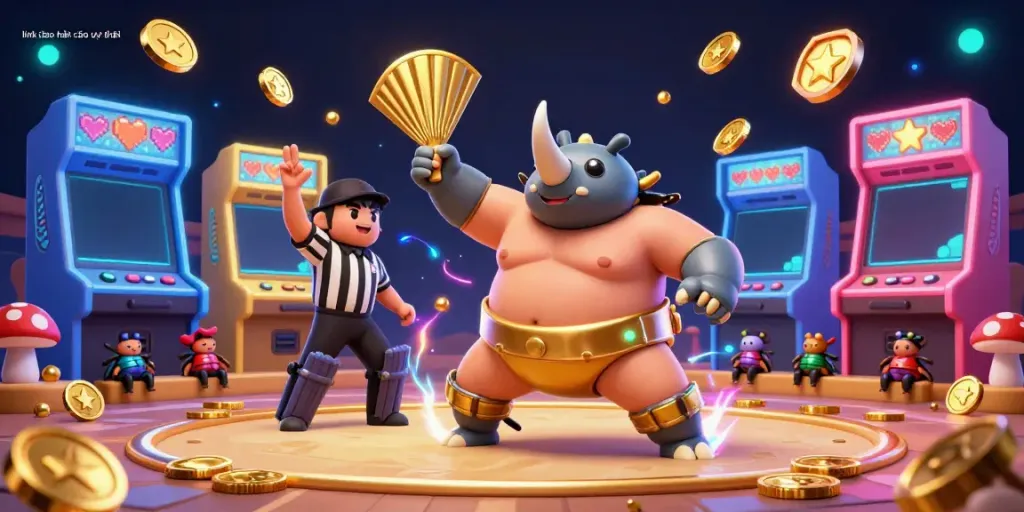 Experience vibrant gaming action with link vào nhà cái uy tín featuring a cartoon rhinoceros beetle and golden coins flying.
