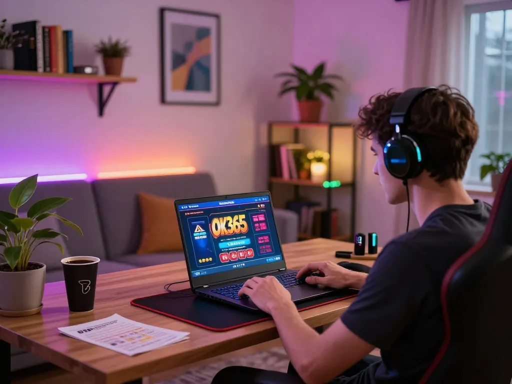 Engaging with the OK365 casino app on a modern laptop during a cozy home gaming session.