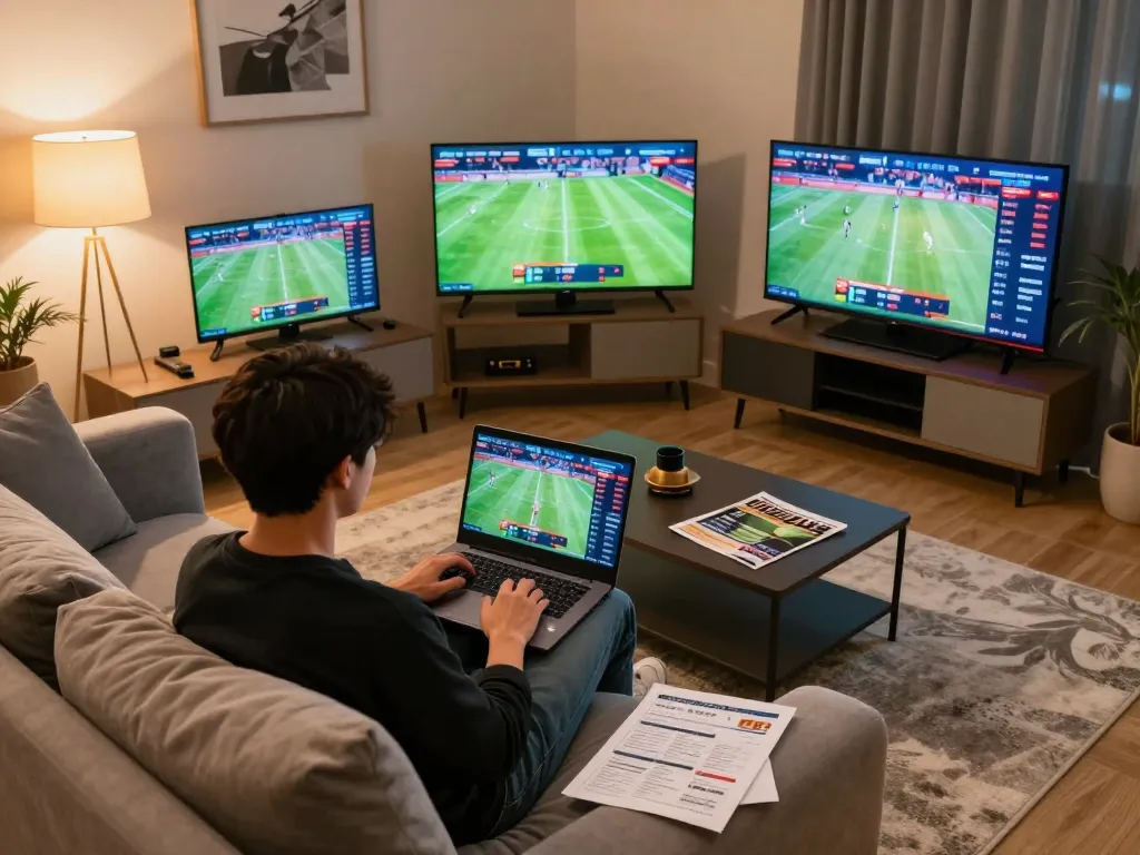 Xoilac online sports betting scene with a person focused on their laptop, showing engaging live matches.