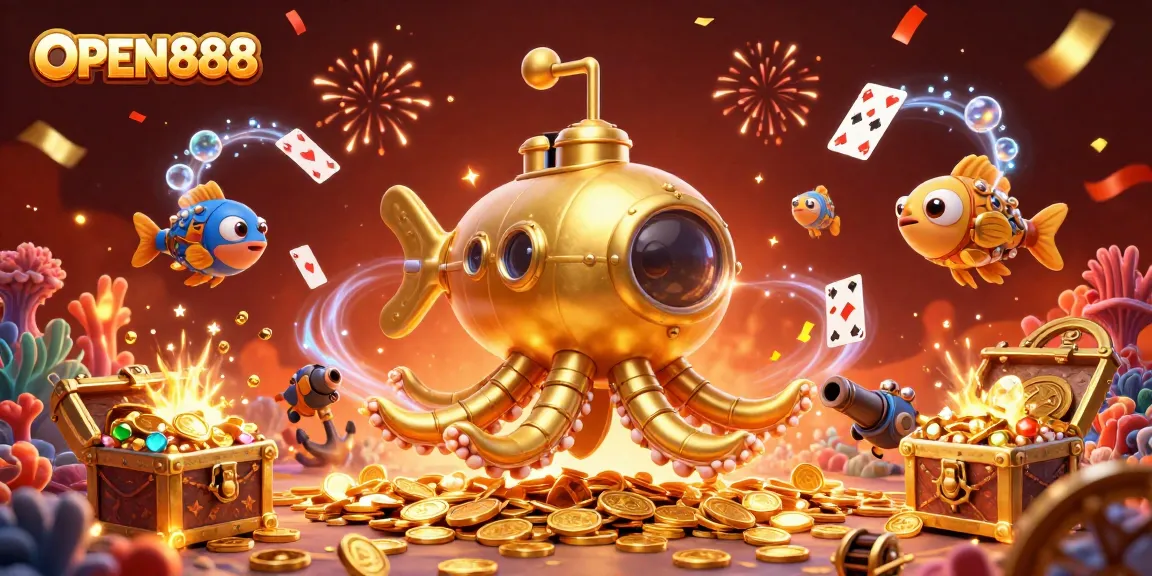 Engage with OPEN888's vibrant casino world, featuring a golden kraken submarine and mechanical fish amidst treasure.