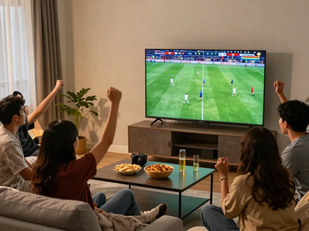 Friends watching live football on xoilactvlive.net with snacks, excitement, and vibrant match graphics.