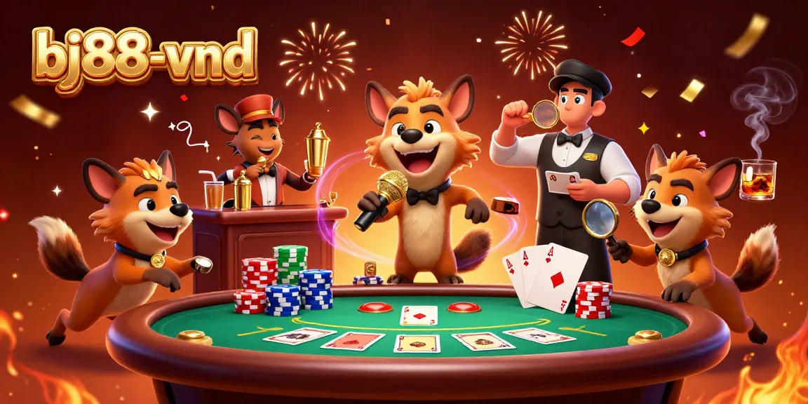 Laughing hyenas entertain at BJ88-vnd's vibrant casino club under red and gold confetti.