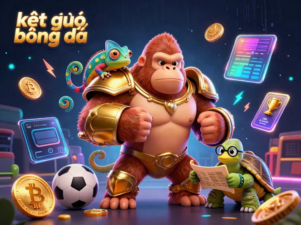 Engaging scene depicting kết quả bóng đá where a cartoon gorilla king showcases sports betting excitement with vibrant elements around.