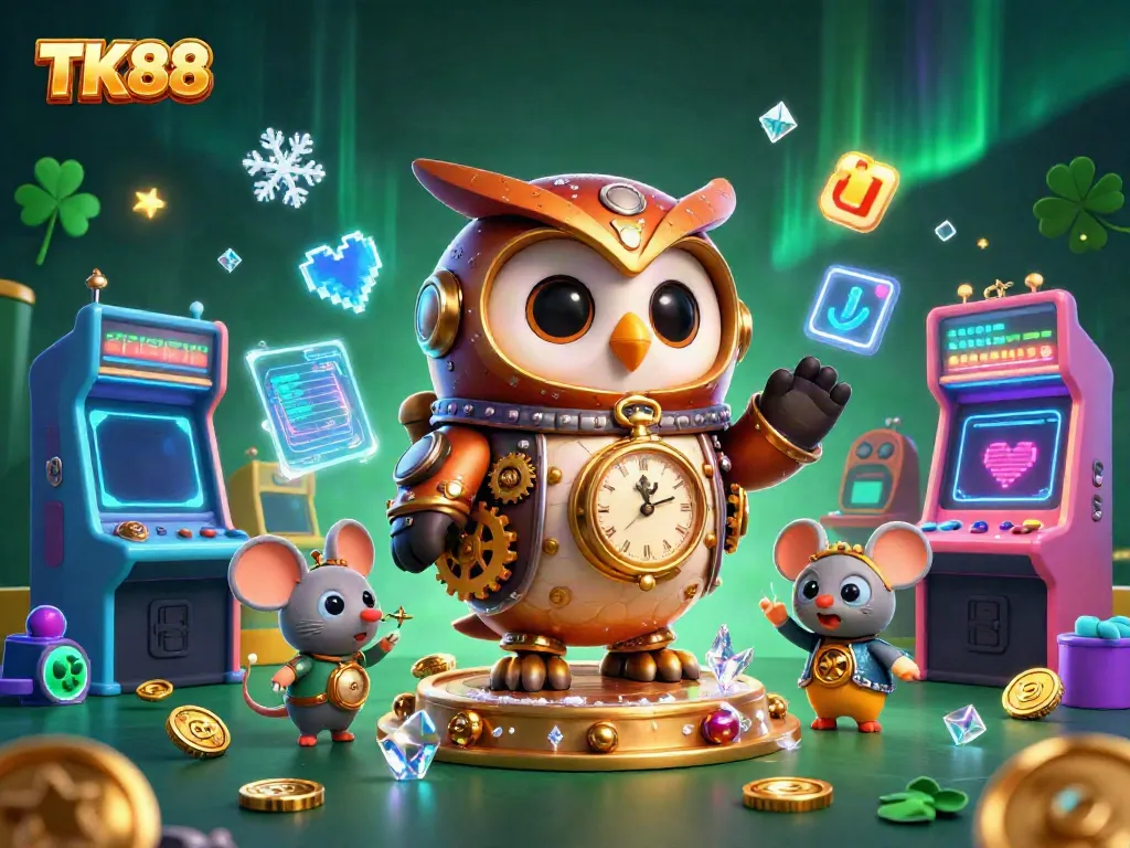 Experience thrilling gameplay at TK88 with our 3D cartoon casino scene showcasing steampunk elements and vibrant gaming action.