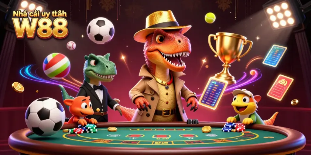 Experience thrilling moments at Nhà cái uy tín W88 with cartoon characters engaging at the blackjack table.