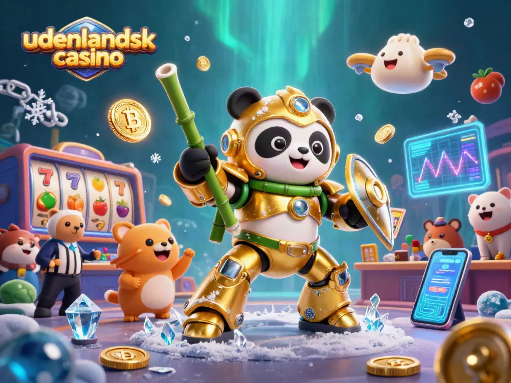 Engage with udenlandsk casino action featuring a golden panda battling in a vibrant atmosphere filled with crypto currencies.