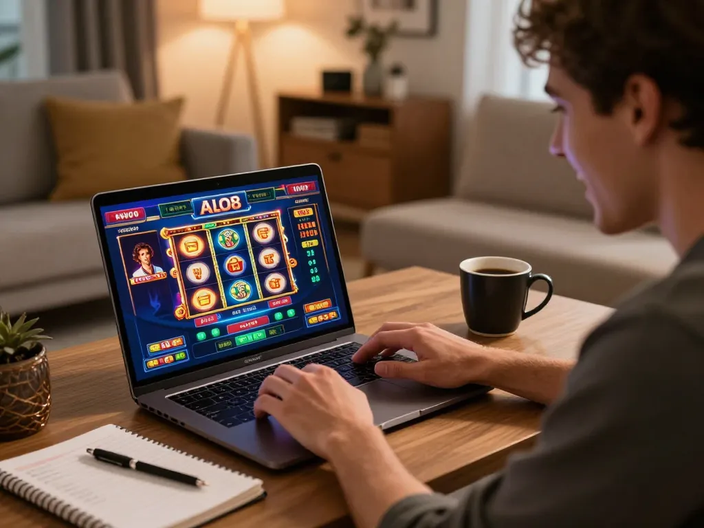 Playing ALO8 online slots on a laptop highlights an exciting gaming moment.