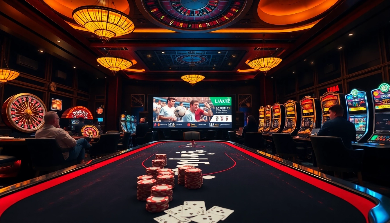 ca khia tv showcases a vibrant casino scene with poker chips and a roulette wheel, enhancing the online gambling experience.