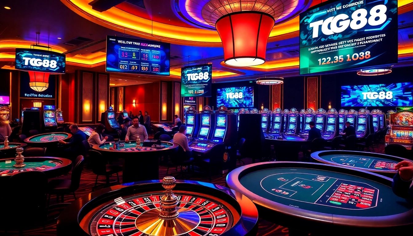 Players enjoying a vibrant tg88 casino experience at roulette and card tables.