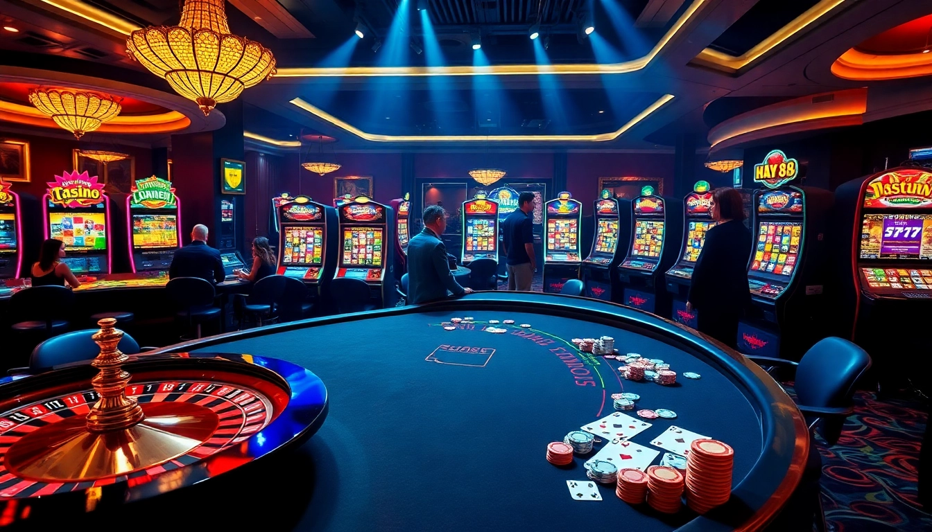 Players enjoy premium gaming experiences at HAY 88, featuring vibrant casino tables and exciting slot machines.